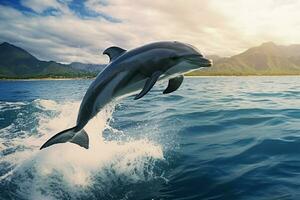 AI Generated Playful dolphins jumping over breaking waves. Hawaii Pacific Ocean wildlife scenery. Marine animals in natural habitat photo