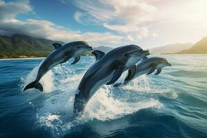 AI Generated Playful dolphins jumping over breaking waves. Hawaii Pacific Ocean wildlife scenery. Marine animals in natural habitat photo