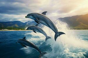 AI Generated Playful dolphins jumping over breaking waves. Hawaii Pacific Ocean wildlife scenery. Marine animals in natural habitat photo