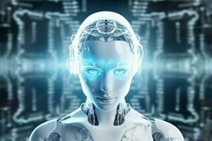 White humanoid woman using digital artificial intelligence icon hologram 3D rendering ai generated photo