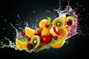 AI Generated Photo of colorful fruit splatter on a plain background splash of juice