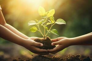 AI Generated hand children holding young plant with sunlight on green nature background. concept eco earth day photo