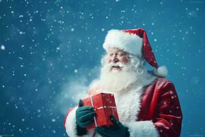 Happy Santa Claus opening christmas gift box over snowy blue background with copy space space. ai generated photo