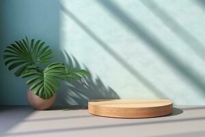 ai generado foto mínimo madera etapa para espectáculo producto en cemento piso y luz de sol planta sombra en menta antecedentes 3d hacer