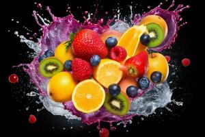 AI Generated Photo of colorful fruit splatter on a plain background splash of juice