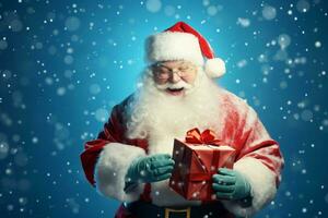 Happy Santa Claus opening christmas gift box over snowy blue background with copy space space. ai generated photo