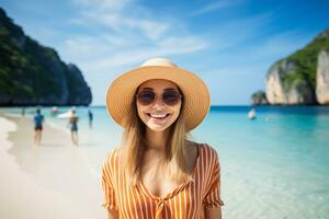 un hermosa hembra turista en fiesta en un hermosa playa, ai generado foto