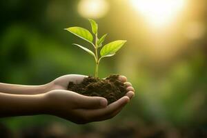 AI Generated hand children holding young plant with sunlight on green nature background. concept eco earth day photo