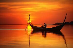 beauty of a golden sunset on a quiet beach, with warm colors reflected in the calm waters, ai generated photo