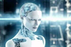 White humanoid woman using digital artificial intelligence icon hologram 3D rendering ai generated photo