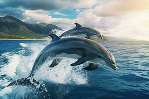 AI Generated Playful dolphins jumping over breaking waves. Hawaii Pacific Ocean wildlife scenery. Marine animals in natural habitat photo