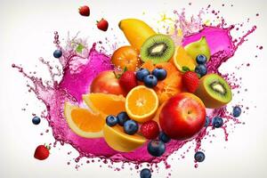 AI Generated Photo of colorful fruit splatter on a plain background splash of juice