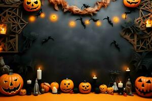 concept of Hallowen, autumn still life of small pumpkins that lie on dry leaves on a dark wooden background ai generated photo