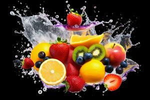 AI Generated Photo of colorful fruit splatter on a plain background splash of juice