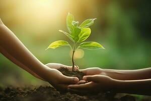 AI Generated hand children holding young plant with sunlight on green nature background. concept eco earth day photo