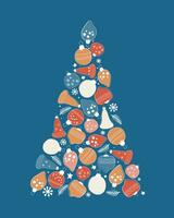 Festive tree made of toys, glass balls, bells. Winter decorative abstract banner. Vector graphics.