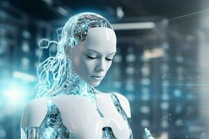 White humanoid woman using digital artificial intelligence icon hologram 3D rendering ai generated photo