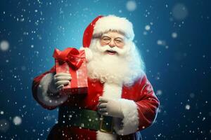 Happy Santa Claus opening christmas gift box over snowy blue background with copy space space. ai generated photo