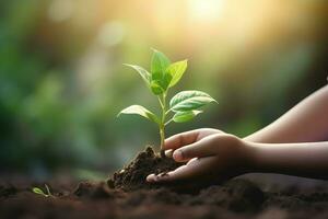 AI Generated hand children holding young plant with sunlight on green nature background. concept eco earth day photo