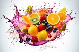 AI Generated Photo of colorful fruit splatter on a plain background splash of juice