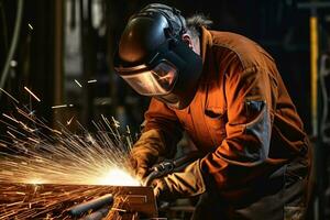 Worker creating fence near orange sparks in smithy ai generate photo
