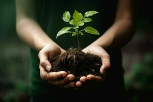 AI Generated hand children holding young plant with sunlight on green nature background. concept eco earth day photo