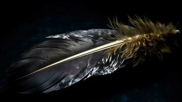 beautiful black feather isolated on black background Generative AI, AI Generated photo