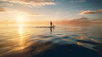 un hermosa joven mujer es en pie en el mar a el noche, puesta de sol generativo ai, ai generado foto