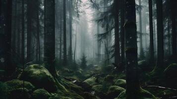 a beautiful shot of a forest surrounded by trees in the forest during the mist , photo