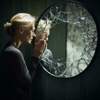 Cracked mirror reflection woman photo