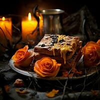 Tea, cookies, roses, dark photo