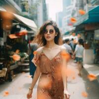 hermosa joven mujer caminando en el ciudad foto