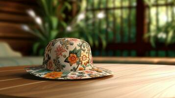 beautiful floral hat on the table Created with AI photo