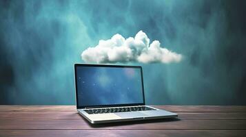 laptop on the table with cloud on background Created with AI photo