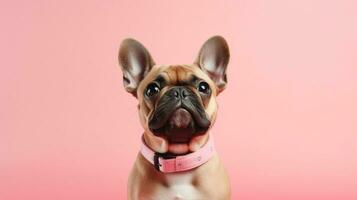 cute bulldog puppy in front of a pink background with copy space Generative AI, AI Generated photo