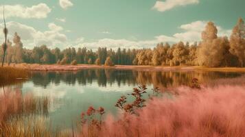 a beautiful view of a lake in the forest Created with AI photo