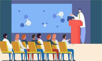 Cartoon pharmacist giving presentation on seminar. Doctor making announcement to audience flat vector illustration. Healthcare, medicine, meeting concept