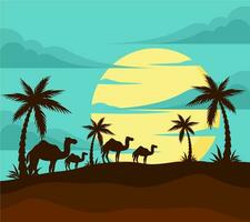 camel on the desert vector background with full moon