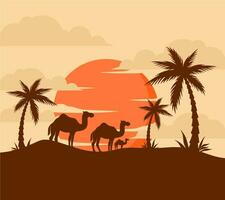 camel sunset with palm vector background