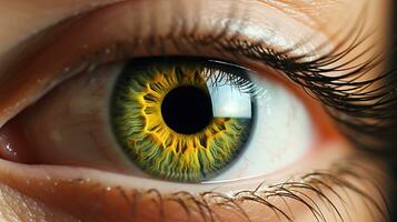 cerca arriba ver de ojo con amarillo pestañas generativo ai, ai generado foto