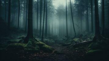 mysterious forest with a path and a mysterious tree in a dark foggy autumn forest Created with AI photo