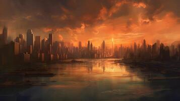 a high angle shot of a beautiful sunset over a dark city , photo