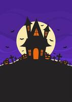 a4 template poster of halloween with haunted house and full moon behind it with some scary pumpkins and flying bats vector