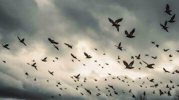 rebaño de aves volador en el cielo creado con ai foto
