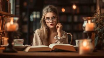 young girl reading a book in the library Created with AI photo