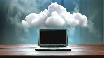 laptop on the table with cloud on background Created with AI photo