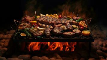 grilled meat with vegetables and spices on the barbecue grill Created with AI photo