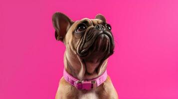 cute bulldog puppy in front of a pink background with copy space Generative AI, AI Generated photo