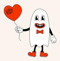 Retro Groovy Halloween Ghost boy with heart balloon. Vector flat.