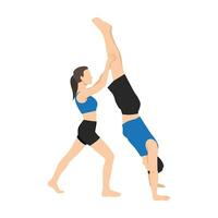 Young couple helping each other to practicing yoga. Woman helps a man doing handstand yoga exercise. vector